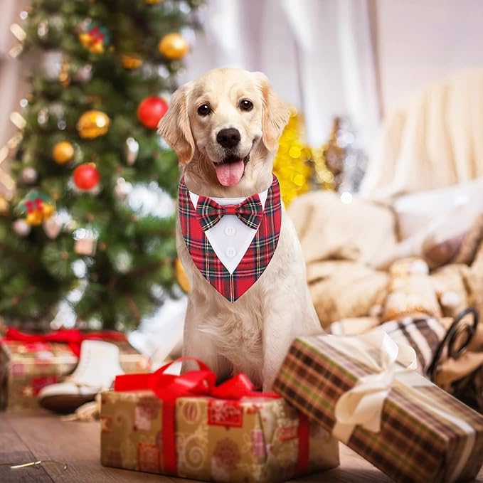 Adjustable Red Plaid Christmas Dog Tuxedo Bandana with Bow Tie - Holiday Pet Outfit Costume for Dogs XS to XL