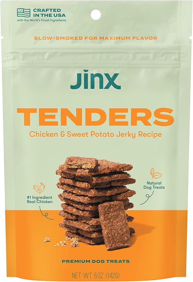 Jinx Tenders Chicken Jerky Dog Treats, All Natural Ingredients, Soft & Chewy, Low-Calorie, Slow-Smoked Chicken & Sweet Potato, No Fillers, 5oz