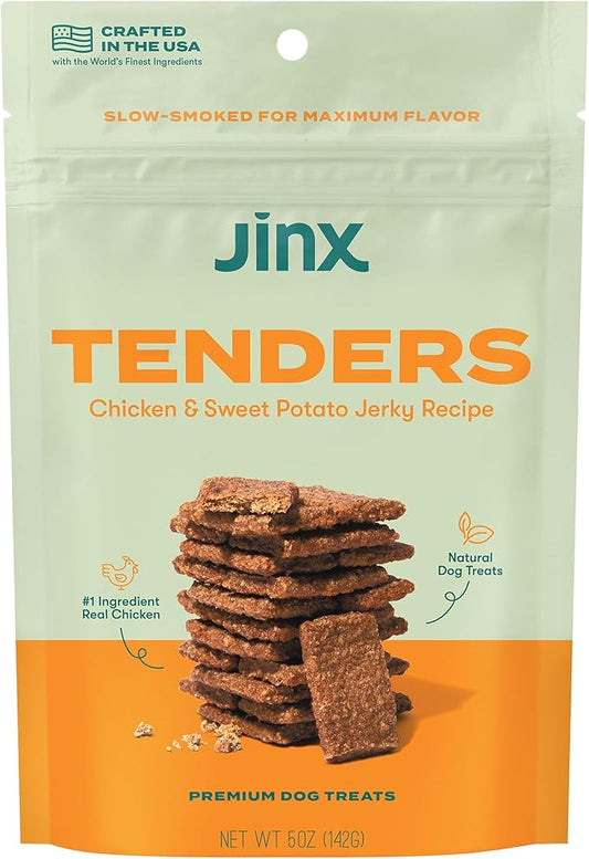 Jinx Tenders Chicken Jerky Dog Treats, All Natural Ingredients, Soft & Chewy, Low-Calorie, Slow-Smoked Chicken & Sweet Potato, No Fillers, 5oz