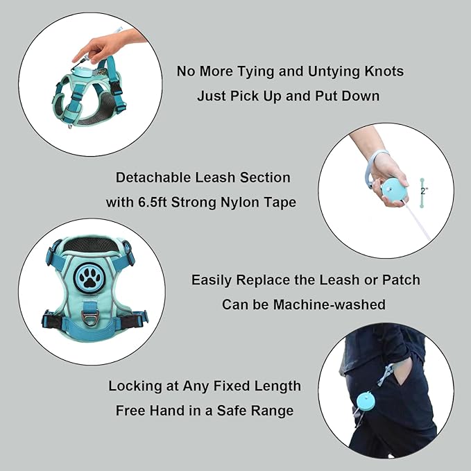 Dog Harness for Small Dogs up to 16lbs, 3-in-1 No Pull Lightweight Harness with 6.6ft Retractable,Wearable Leash,Front Clip,Handle,Reflective Dog Vest with Patch,Wrist Strap,Free Hand Leash-Blue (XXS)