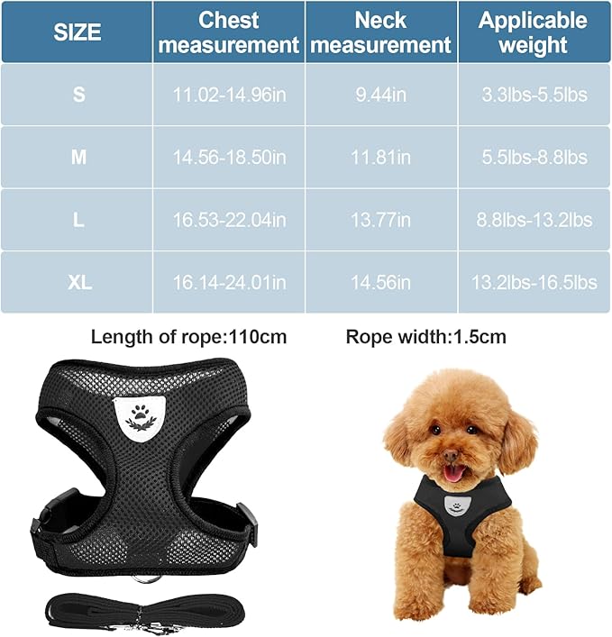 shudyear Dog Walking Chest Harness and Leash, Anti-Escape Adjustable Soft Mesh Dog Leash and Harness Set for Small Dog and Puppies, Vest for Medium Sized Dogs (Black, XL)
