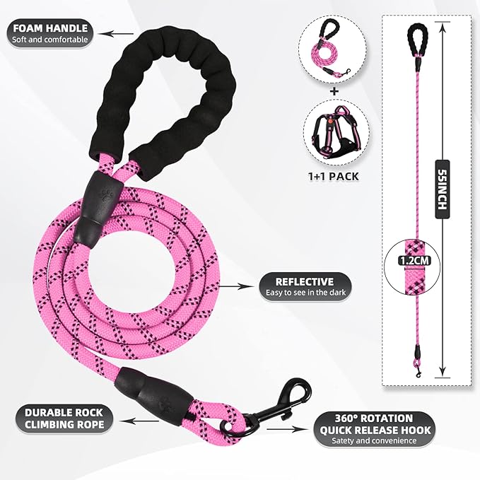 No Pull Dog Harness with A Free Heavy Duty 5ft Dog Leash, Adjustable Soft Padded Dog Vest, Reflective No-Choke Pet Oxford Vest with Easy Control Handle and Dog Leash for Dogs (Pink, X-Large)