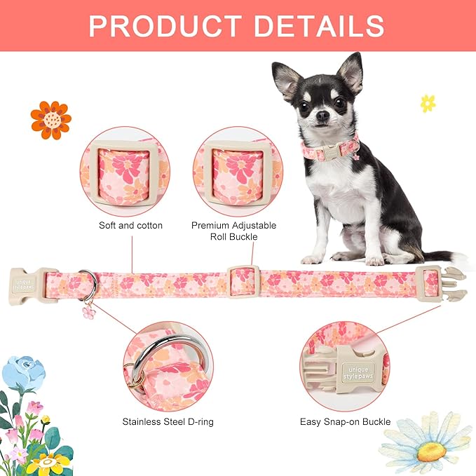 Unique style paws Dog Collar Plastic Buckle with Pendant Pink Spring Flower Puppy Collars for Small Medium Large Boys Girls Dogs