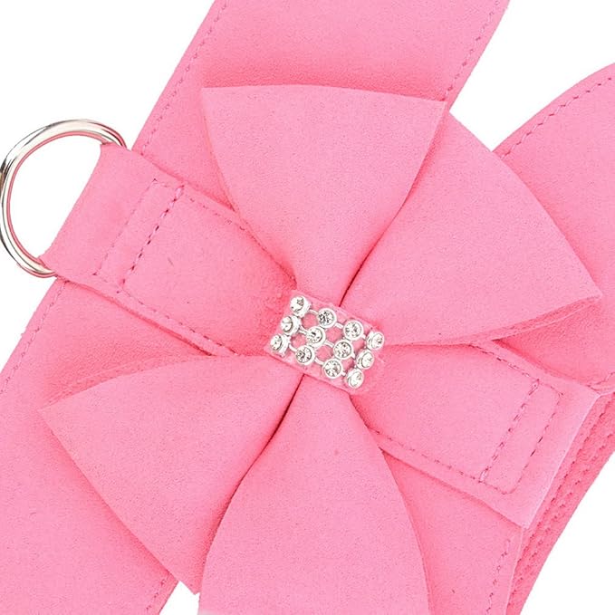 SELMAI Small Pet Dog Cat Bling Rhinestone Harness and Leash Set Bow Girls Soft Ultra Suede Leather, Adjustable/No Pull