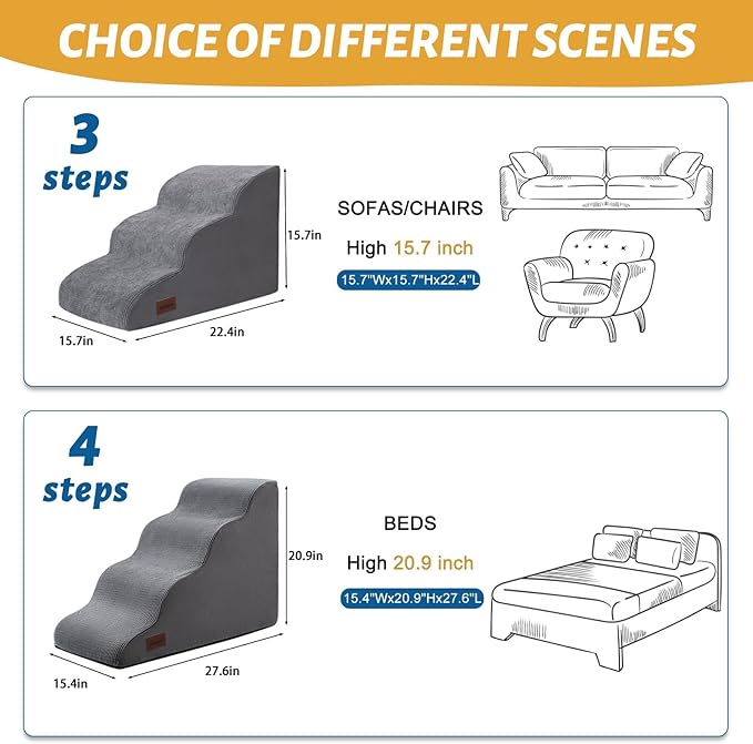 4-Step Dog Stairs and Ramp for Beds or Couches – Non-Slip Sturdy Pet Steps for Small Dogs and Cats,20.9" H,Grey