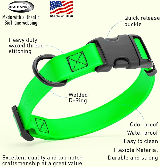 Dogline Biothane Waterproof Dog Collar with Quick Release Buckle Strong Coated Nylon Webbing with Odor- Proof for Easy Care Easy to Clean Fits Small Medium Large Dogs, Lime Green 5/8" W 9-14" L