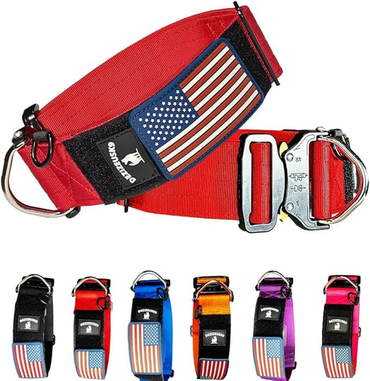 Tactical Dog Collar 2 Inch Wide Thick Heavy Duty Military Style with Metal Buckle, Adjustable for Medium - Large Breeds, Durable K9 Training Gear with Patch Area, USA Flag Patch, Strong and Secure Fit