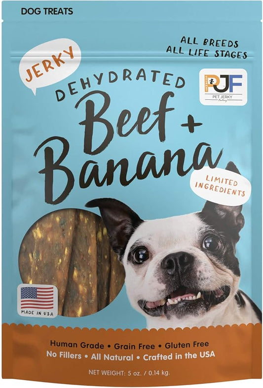 Pet Jerky Factory Premium Beef and Banana 5 oz. Dog Jerky Treats | 100% Human Grade | USA Made | High Protein | Grain Free | Limited Ingredients | No Filler | BHA-BHT Free | Soft-Tender