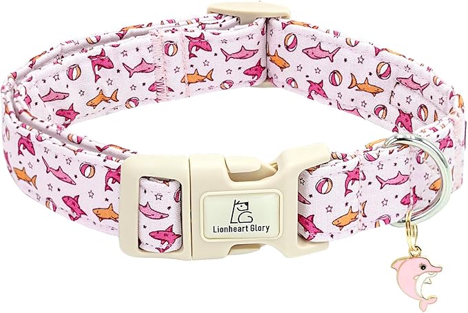 Lionheart Glory Pink Shark Pattern Cute Dog Collar - Adjustable, Durable for Small Dogs