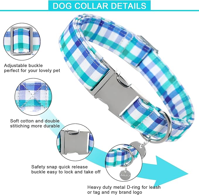 Blue Plaid Summer Cotton Dog Collar with Metal Buckle Gift Collar for Small Medium Large Girls or Boys Dogs Cute Durable Comfortable Pet Collars