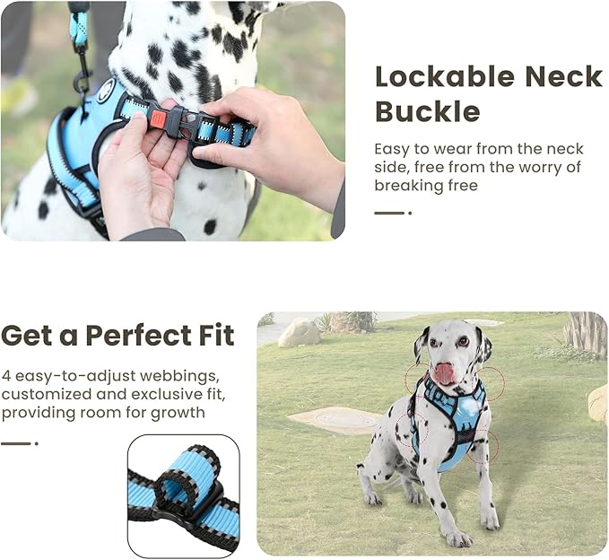 FURRYFECTION Dog Harness | No Pull Dog Harness | Reflective Oxford | Padded Handle | 4 Adjustable Straps | 2 Leash Clips | No Choke Pet Vest Harness for Small Medium Large Dogs | Blue | M
