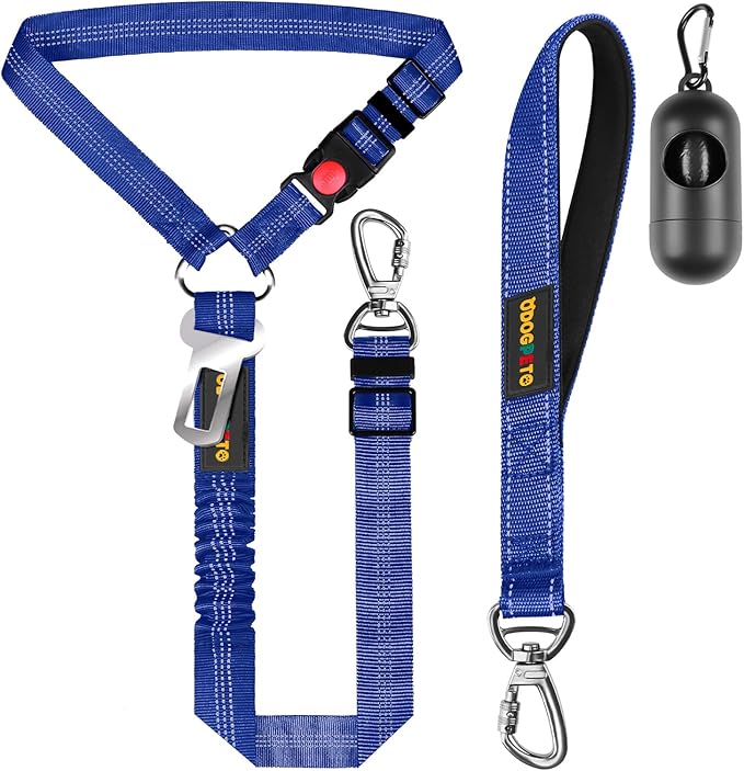 Dog Seat Belt Harness for Car, Dog Car Leash with Car Headrest & Buckle, Reflective Short Dog Leash, Pet 15 Inch Heavy Duty Leash for Dogs with Padded Handle & Locking Carabiner Clip, Ryoal Blue