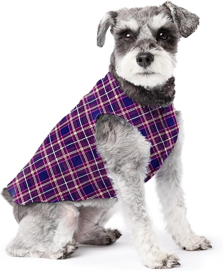 Stretch Fleece Dog Coat, Stretchy Pet Sweater, Machine Washable Pullover for Winter and Fall, Mulberry Plaid, 10