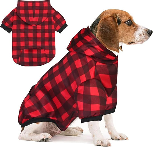 Plaid Dog Sweaters Hoodies Sweatshirts for Dogs Cats, Warm and Soft Cold Weater Coats for Christmas (Red, Large)