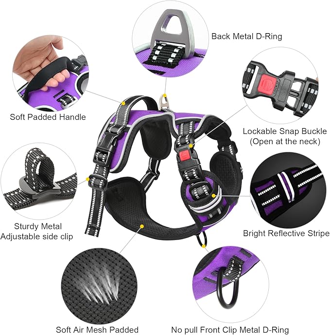 Timos Dog Harness Small Sized, No Pull with Neck Lockable Snap,No Choke Front Clip Dog Reflective Harness,Adjustable Metal Rings 3 Buckles,Easy Control Handle for Small Dogs Purple XS