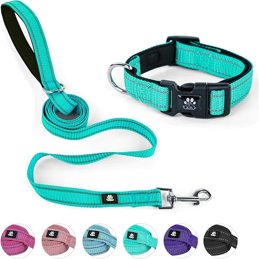 NESTROAD Reflective Dog Collar and Leash Set,Soft Neoprene Pet Collar with Quick Release Buckle,Adjustable Nylon Dog Collars for Small Medium Large Dogs(Large Collar + 5FT Leash,Teal)