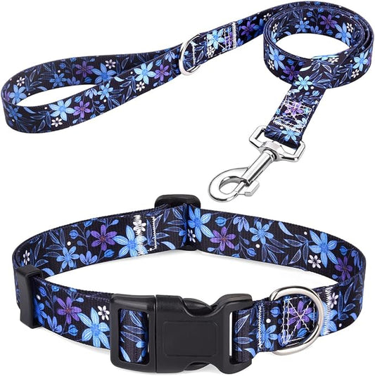 Dog Collar and Leash Set with Bohemia Floral Tribal Geometric Patterns - Soft Ethnic Style Collar Adjustable for Small Medium Large Dogs(Blue Floral Set,S)