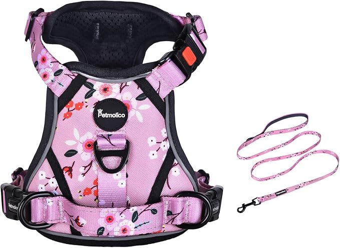 Petmolico Medium Dog Harness and Leash Set, No Choke 4 Leash Attachments Easy Control Handle Soft Padded Reflective Vest Dog Harness, Pink Plum
