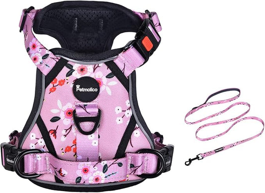 Petmolico Medium Dog Harness and Leash Set, No Choke 4 Leash Attachments Easy Control Handle Soft Padded Reflective Vest Dog Harness, Pink Plum