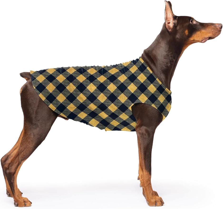 Stretch Fleece Dog Coat, Stretchy Pet Sweater, Machine Washable Pullover for Winter and Fall, Gold Buffalo Check, 24