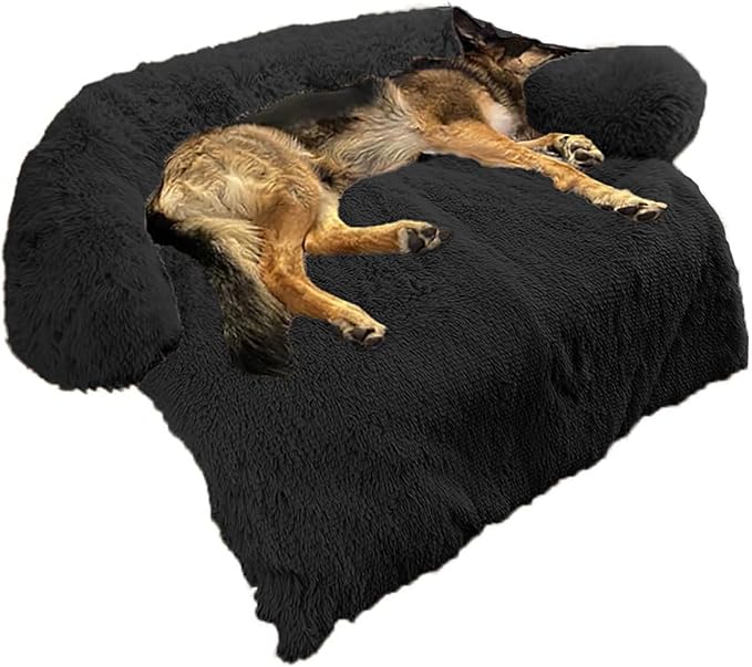 Calming Dog Bed Fluffy Plush Dog Mat for Furniture Protector with Removable Washable Cover for Large Medium Small Dogs and Cats (Large, Black)