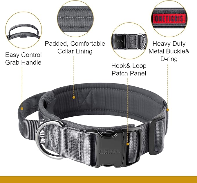 OneTigris Tough Dog Collars, Tactical Dog Collar with Handle, Milltary Adjustable Dog Collar with Heavy Duty Metal Buckle for Training (Large,Gray)