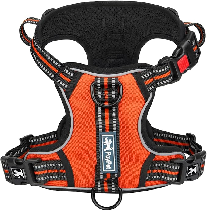 PoyPet No Pull Dog Harness, No Choke Front Clip Reflective Dog Vest with Soft Padded Vertical Handle, 3 Leash Attachments for Small Medium Large Dogs (Orange,S)
