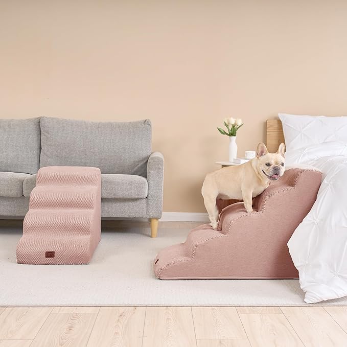 EHEYCIGA Curved Dog Stairs Ramp for Small Dogs 15.7" H, 3-Step Dog Steps for Couch Sofa and Chair, Pet Stairs for Cats, Non-Slip Balanced Pet Steps Indoor, Dusty Pink