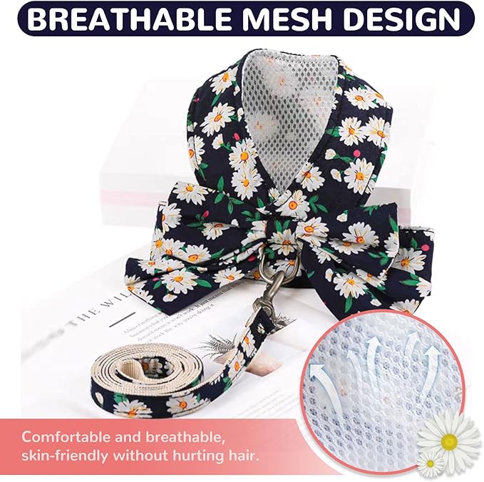 BAEJMJK Dog Harness and Leash Set with Bow Knot No Pull Pet Daisy Floral Harness with D-Ring Soft Mesh Dog Harness Vest Set Escape Proof Princess Puppy Harness for Small Girl Dogs Cats（Navy Blue S）