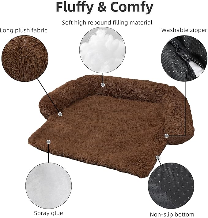 Calming Dog Bed Fluffy Plush Dog Mat for Furniture Protector with Removable Washable Cover for Large Medium Small Dogs and Cats (Extra Large (53x39.3x6), Coffee)