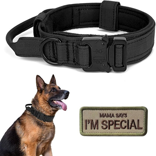Tactical Dog Collar with Handle - Military Adjustable Dog Training Collar Soft Nylon and Heavy Duty Metal Buckle for Medium Large Dogs - with Patch (Black, X-Large)