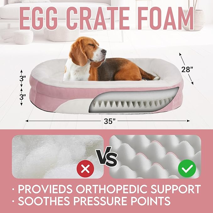 OhGeni Orthopedic Dog Couch Large Sized Pet Beds for Fathers Gifts with Comfort Foam Support, Soft Indestructible Fabric, Machine Washable Waterproof Removable Cover, 35-Inch (Pink)