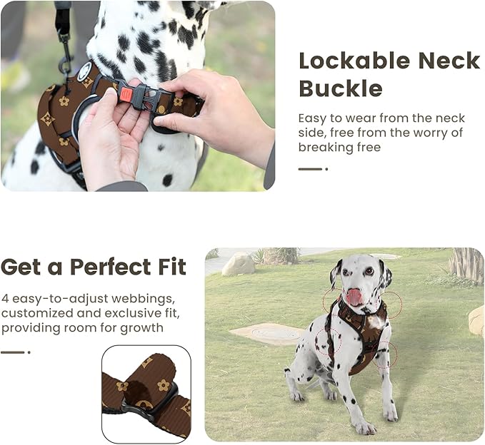 FURRYFECTION Dog Harness | No Pull Dog Harness | Reflective Oxford | Padded Handle | 4 Adjustable Straps | 2 Leash Clips | No Choke Pet Vest Harness for Small Medium Large Dogs | Dark Brown | M