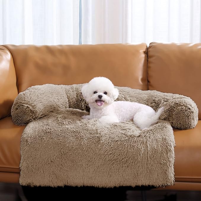 HACHIKITTY Calming Pet Sofa Bed Mat, Washable Plush Couch Cover, Furniture Protector for Dogs and Cats, Fluffy Dog Couch Bed with Anti-Slip Bottom (37"x 33"x 6", Camel)