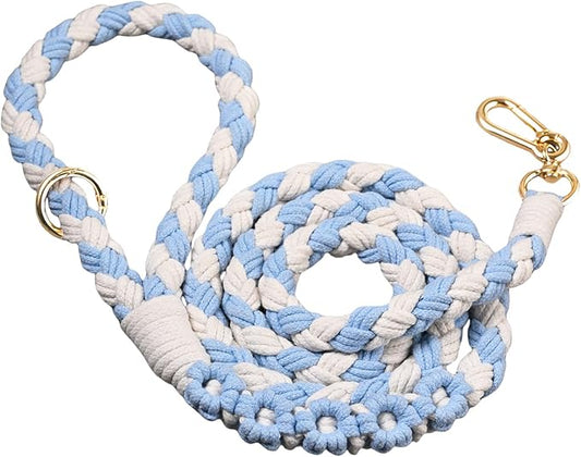 Handmade 5ft Braided Cotton Dog Leash with Unique Floral Handle, Durable and Stylish, Ideal for Small to Large Dogs,Blue & White Color