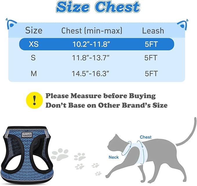Cat Harness and Leash for Walking Escape Proof, Adjustable Kitten Vest Harness Reflective Soft Mesh Puppy Harness for Outdoor, Comfort Fit, Easy to Control (Blue, XS)