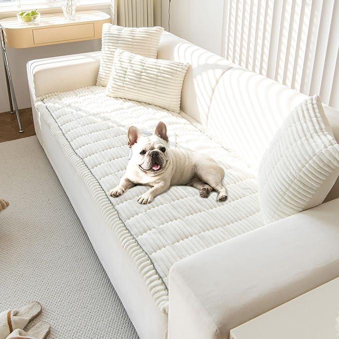 OTOB Dog Couch Cover Protector, Washable Non Slip Pet Friendly Sofa Cover for Dogs, Fuzzy Pet Furniture Couch Covers for Sofa, Boho Soft Couch Covers Protector (27.6" x 82.6", Cream)
