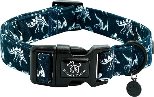 Elegant little tail Dog Collar, Dinosaurs Print Blue Puppy Male Adjustable Cotton Pet Collar with Quick Release Buckle for Small Medium Large Dogs