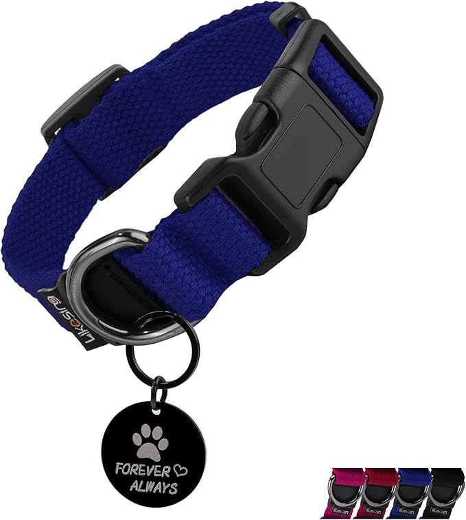Cotton Soft Dog Collar, Quick Release Dog Collar with Buckle, Heavy-Duty Adjustable Pet Collar for XS Small Medium Large Dog, Colorfast Dog Collars with Removable Tag(XS, Blue)