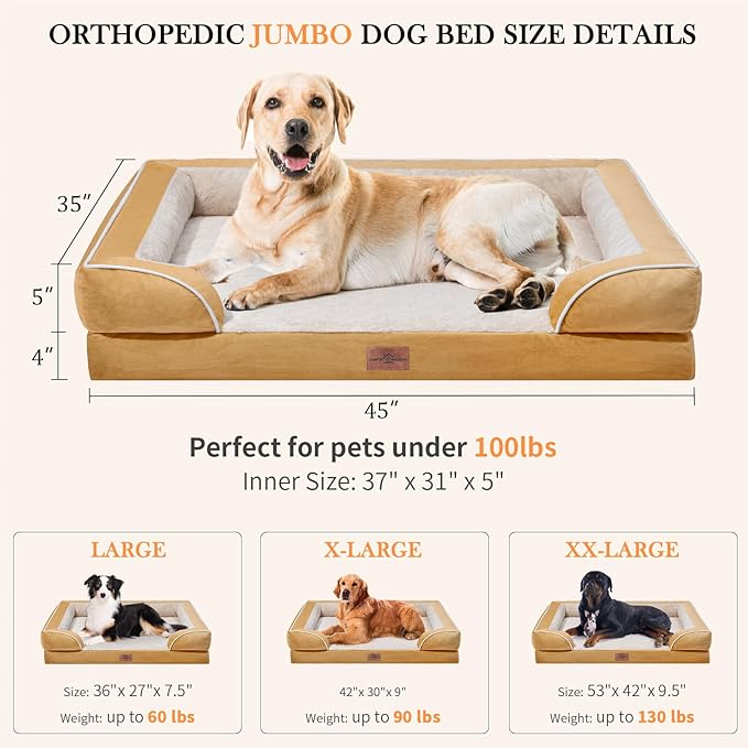 Comfort Expression Jumbo Dog Beds Orthopedic Foam, Waterproof Dog Beds for Jumbo Breed Dogs, PV Washable Dogs Sofa Couch with Removable Cover & Non-Slip Bottom(Khaki)