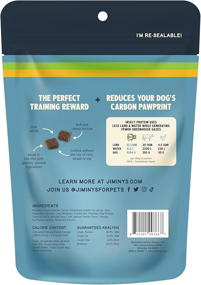 Jiminy's Chewy Training Treats for Dogs, Low Calorie, Hypoallergenic Insect Protein, Made in USA, 6oz, Peanut Butter & Cranberry (Pack of 3)