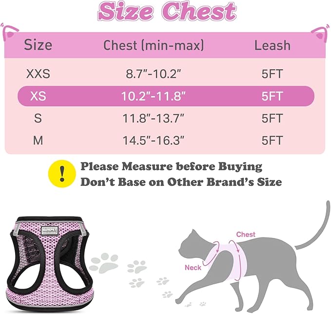 Cat Harness and Leash for Walking Escape Proof, Adjustable Kitten Vest Harness Reflective Soft Mesh Puppy Harness for Outdoor, Comfort Fit, Easy to Control (Lpink, XS)