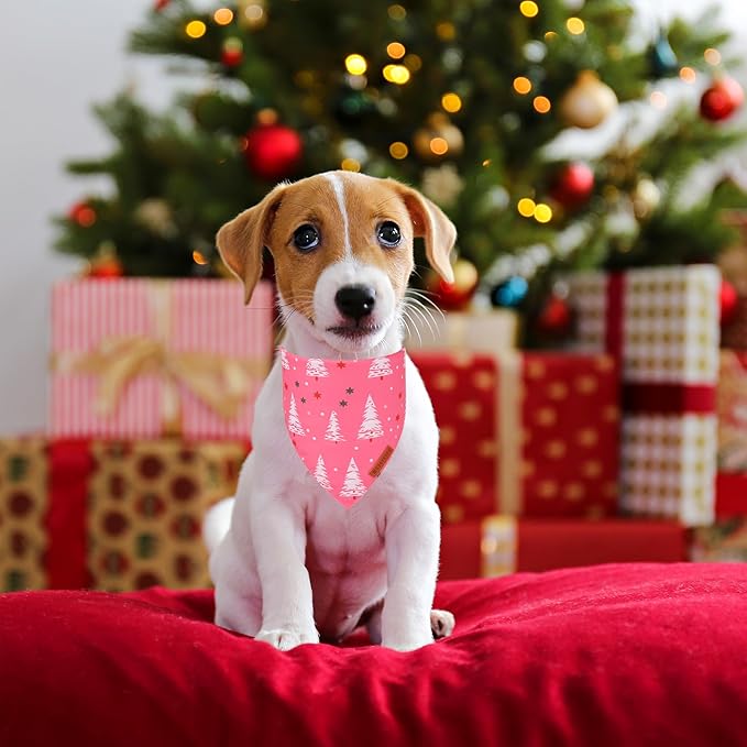 ADOGGYGO Pink Christmas Dog Bandana, Santa Xmas Tree Dog Scarf, Adjustable Fit Pink Pet Christmas Bandanas for Small Dogs Puppies (Small)