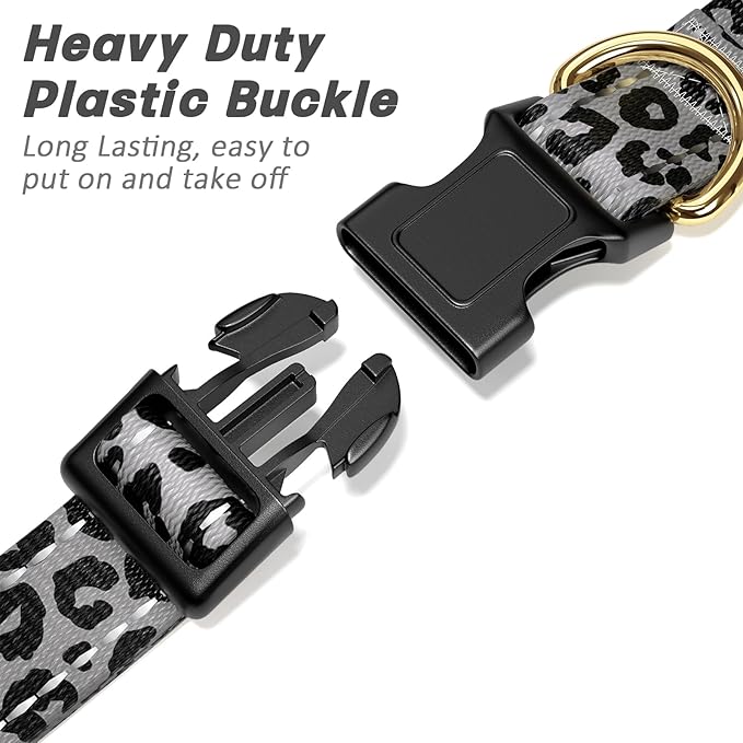 Reflective Dog Collar for Extra Small Dogs Cats, Cute Leopard Style Adjustable Heavy-Duty Nylon Puppy Collar for Boy and Girl Female, Soft Pet Accessories with Quick Release Buckle, Gray