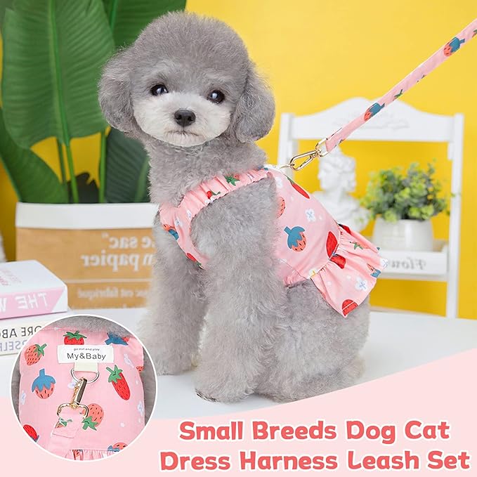 Small Dog Dress Harness and Leash Set Cute Princess Birthday Dog Dresses Soft Fruit Print Puppy Dresses Girl Dog Clothes for Small Dogs Cats Chihuahua Yorkie Shih Tzu (Pink Strawberry,L)