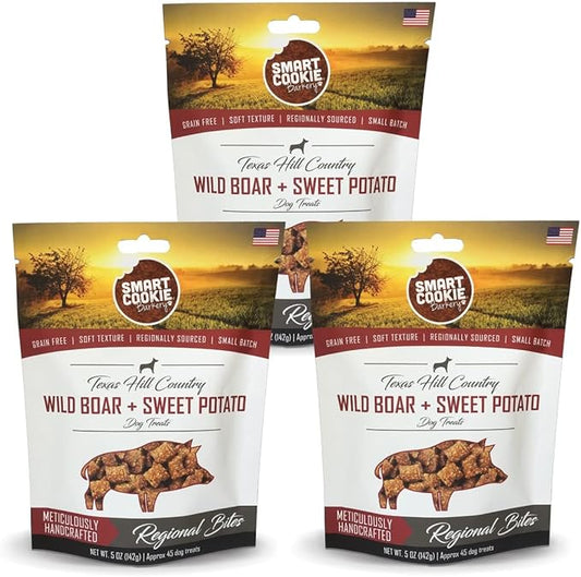 Smart Cookie All Natural Dog Treats - Wild Boar & Sweet Potato - Training Treats for Dogs with Allergies, Sensitive Stomachs - Soft Dog Treats, Chewy, Grain Free, Made in USA - 5oz Bag, Pack of 3