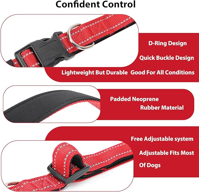Reflective Dog Collar Padded with Soft Neoprene Breathable Quick Release Basic Dog Collars for Medium Large Dogs Red Boy Girl