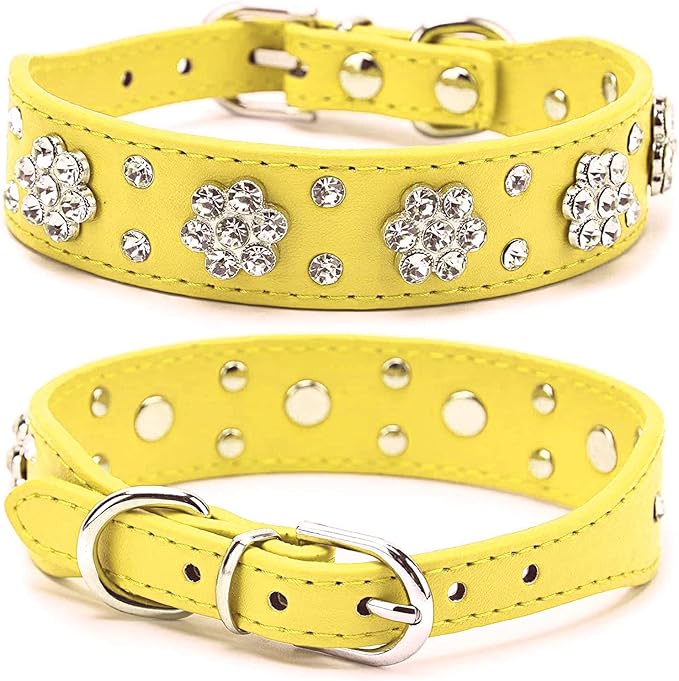 Cute Flower Rhinestone Dog Collar, Bling Collar PU Leather Adjustable Sizes S, M, L (Yellow)