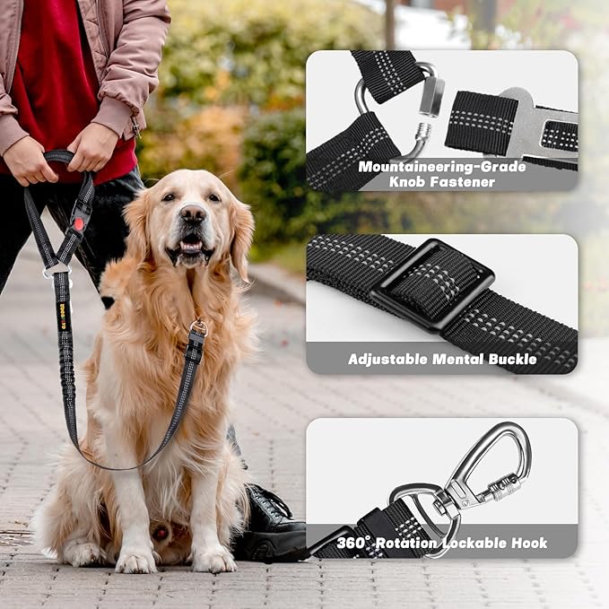 Dog Seat Belt Harness for Car, Dog Car Leash with Car Headrest & Buckle, Reflective Short Dog Leash, Pet 12 Inch Heavy Duty Leash for Dogs with Padded Handle & Locking Carabiner Clip, Black