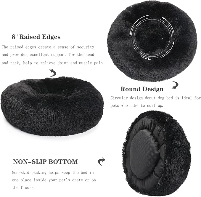 Round Dog Beds for Medium Dogs Fluffy and Soft Pet Bed Faux Fur fit 30lbs Puppy or Cats,30 Inches Black